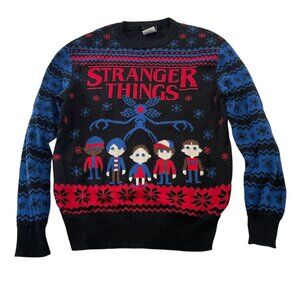 Stranger Things Sweater Unisex Large Black Blue Crewneck Graphic Knit Pullover